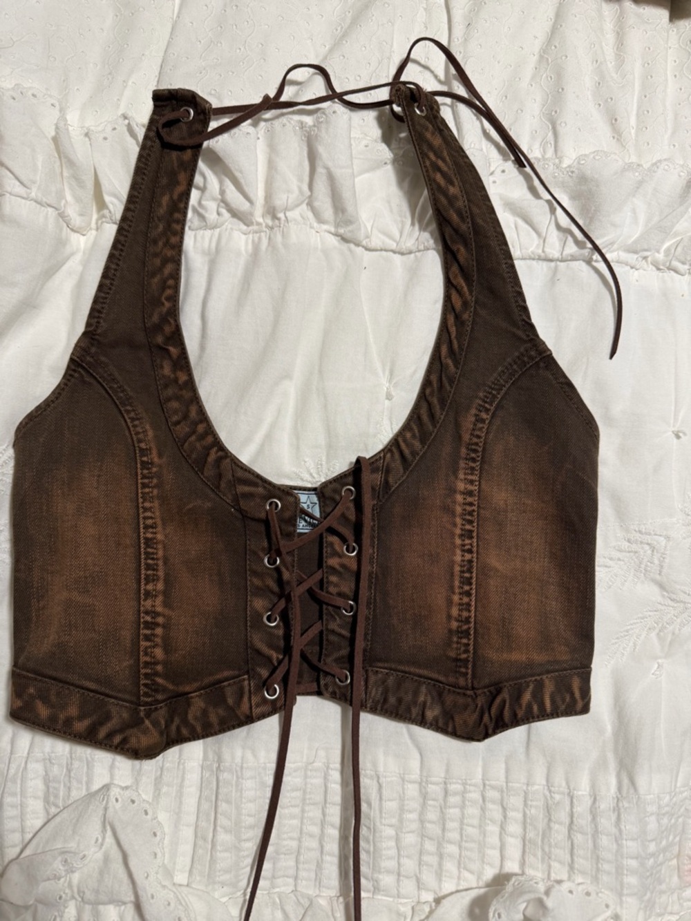 REVICE Brown Lace-Up Denim Halter Crop Top/skirt/low rise pants